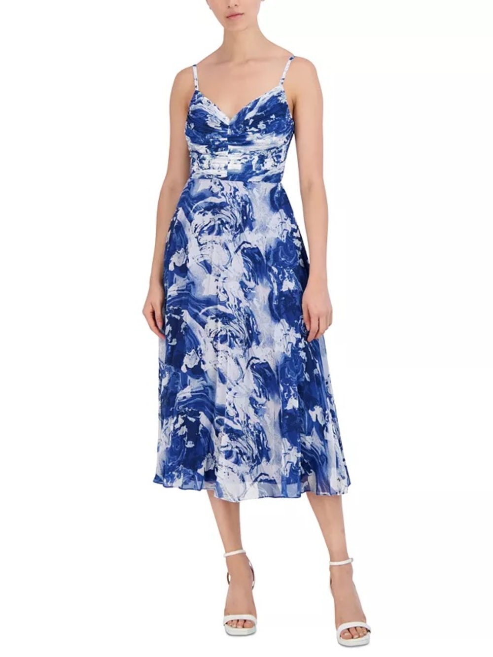 BCBG Blue and White Marble-Print Spaghetti Strap Midi Dress